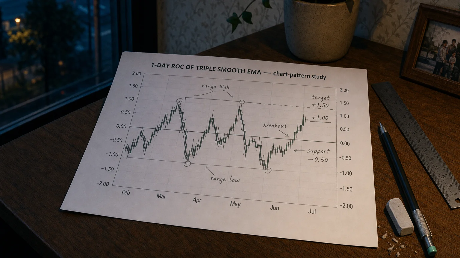 Printed candlestick chart annotated with hand-drawn 1-day roc of triple smooth ema pattern markers on an analyst desk.