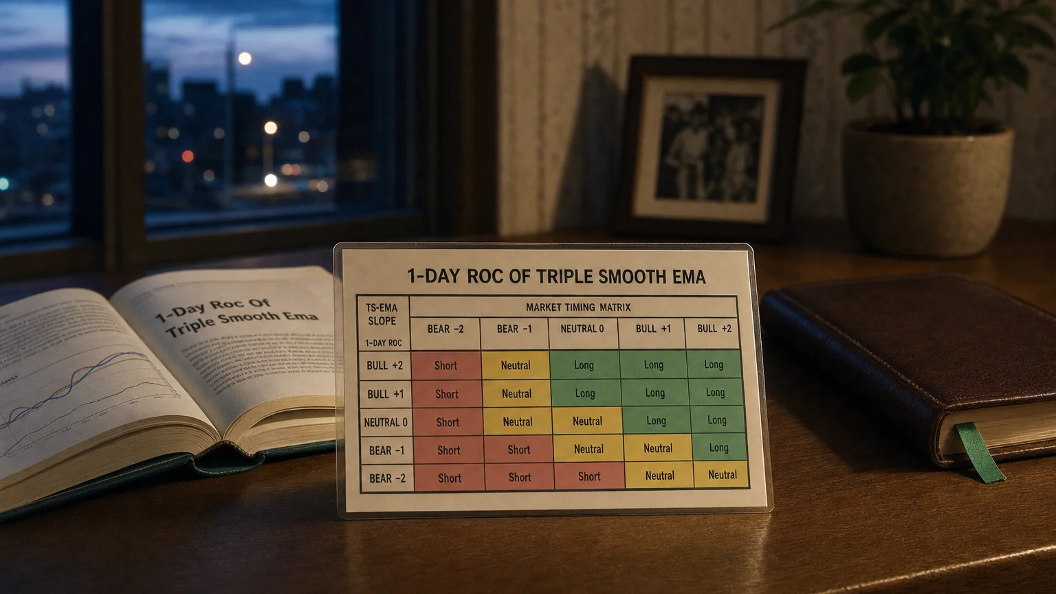 Trading-desk artifact representing 1-day roc of triple smooth ema — textbook page and bull-or-bear desk sculpture.