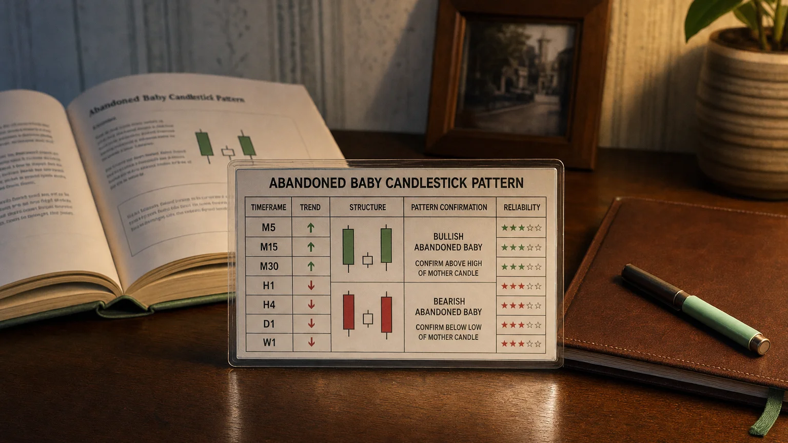 Trading-desk artifact representing abandoned baby candlestick pattern — textbook page and bull-or-bear desk sculpture.