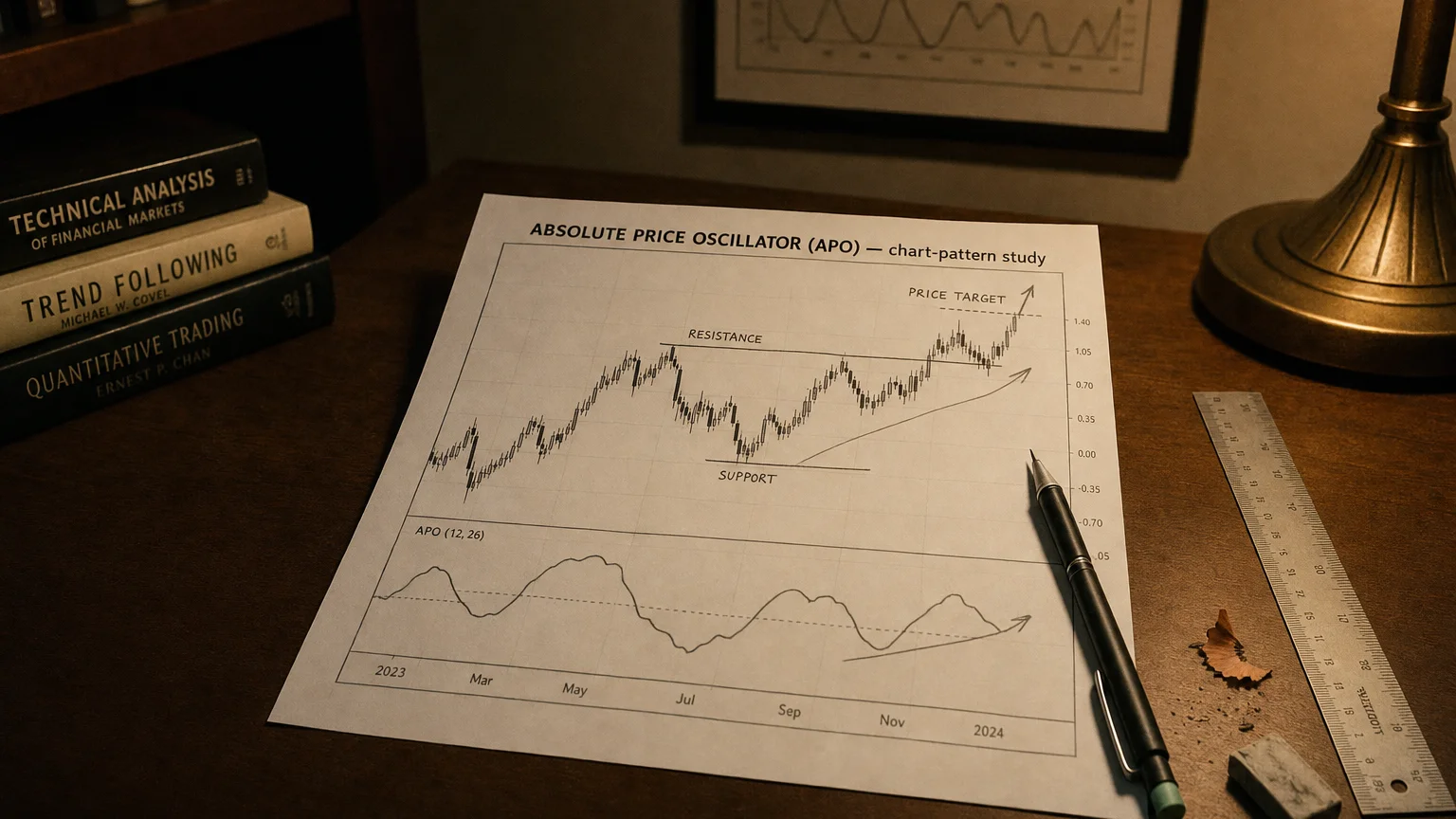 Printed candlestick chart annotated with hand-drawn absolute price oscillator (apo) pattern markers on an analyst desk.
