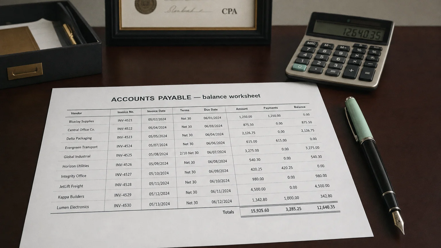 Accounting worksheet showing accounts payable line items with neat column totals and a fountain pen.