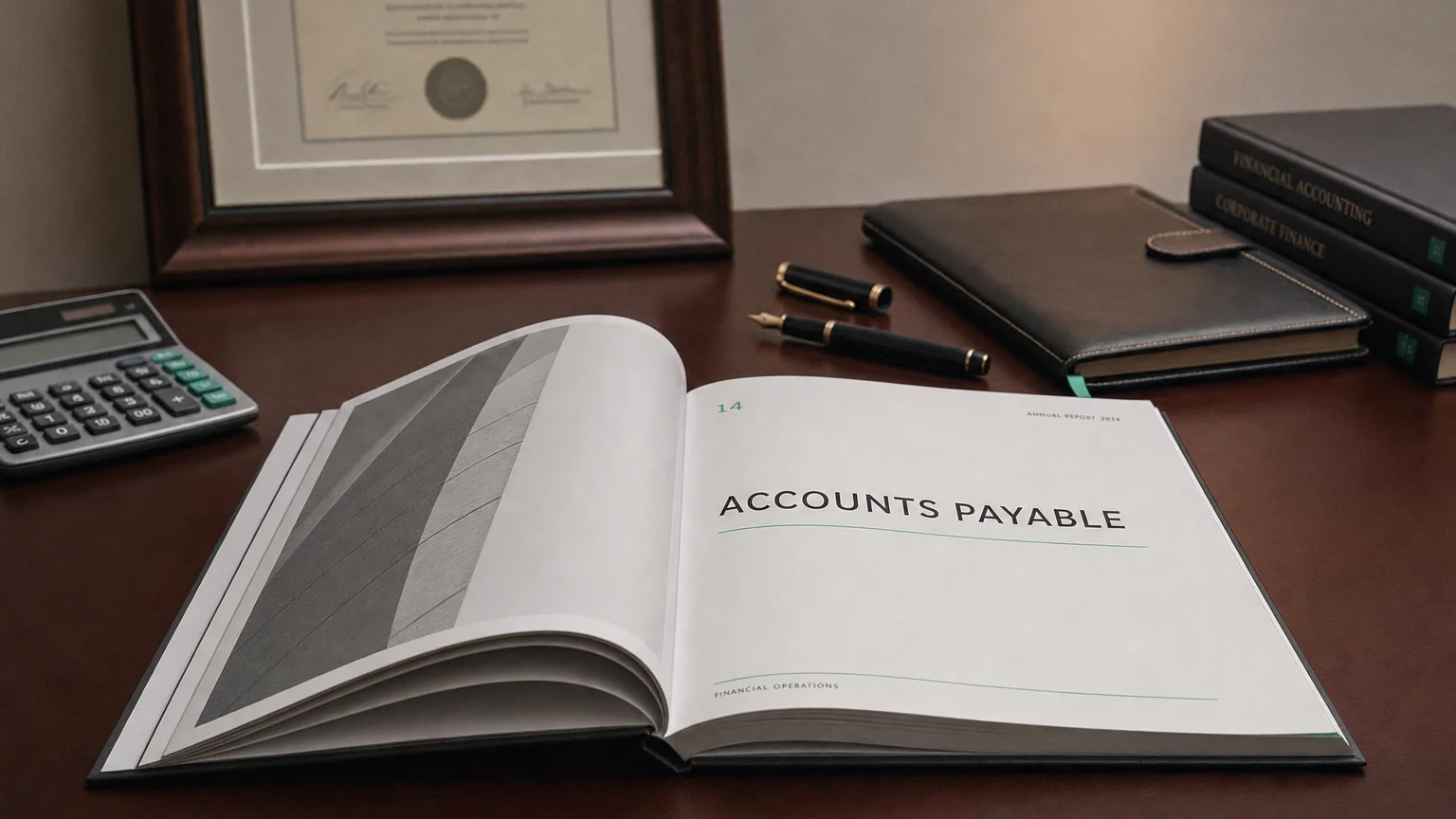 Corporate ledger or annual-report booklet open to the accounts payable chapter on a wooden desk.