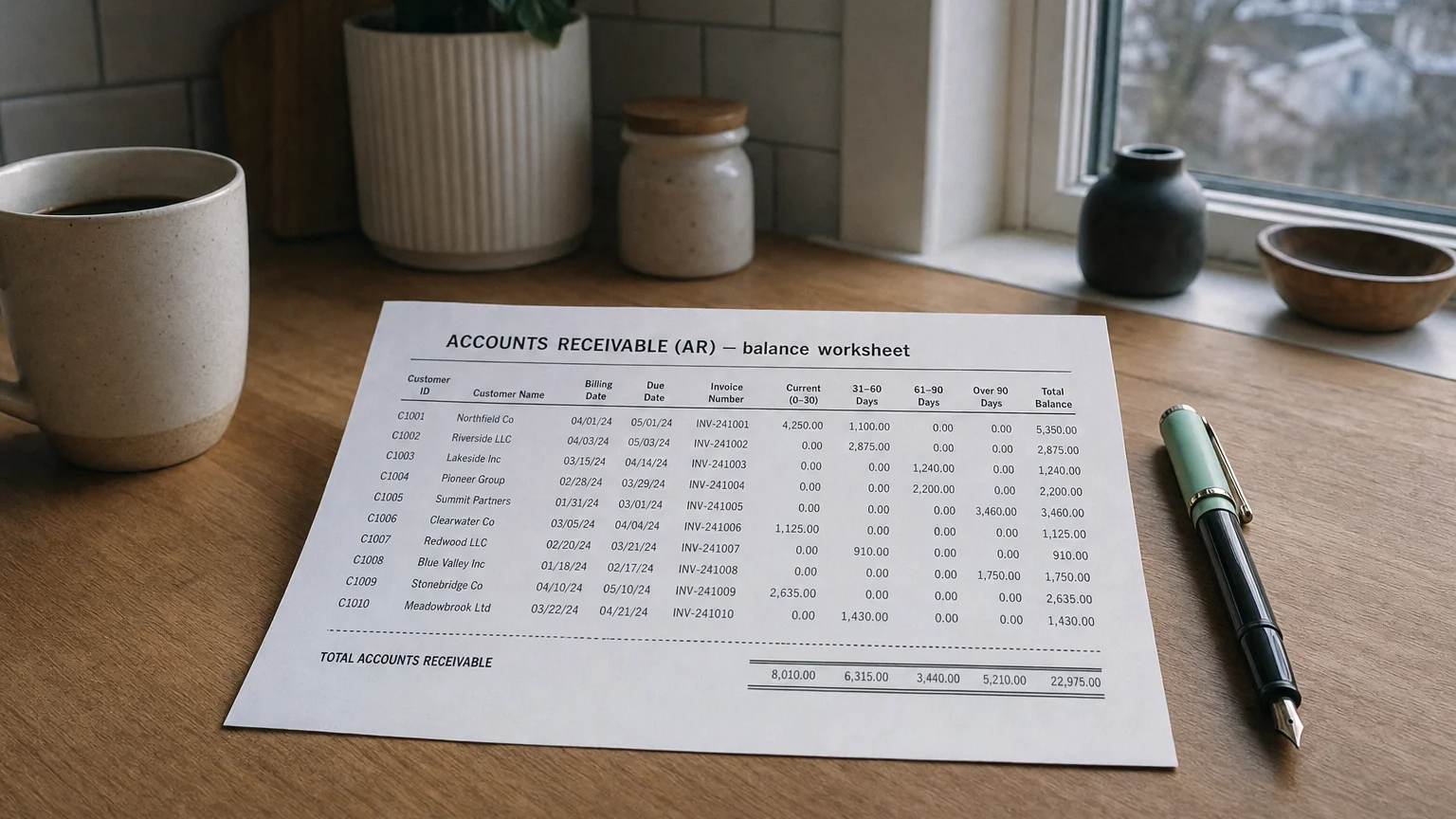 Accounting worksheet showing accounts receivable (ar) line items with neat column totals and a fountain pen.