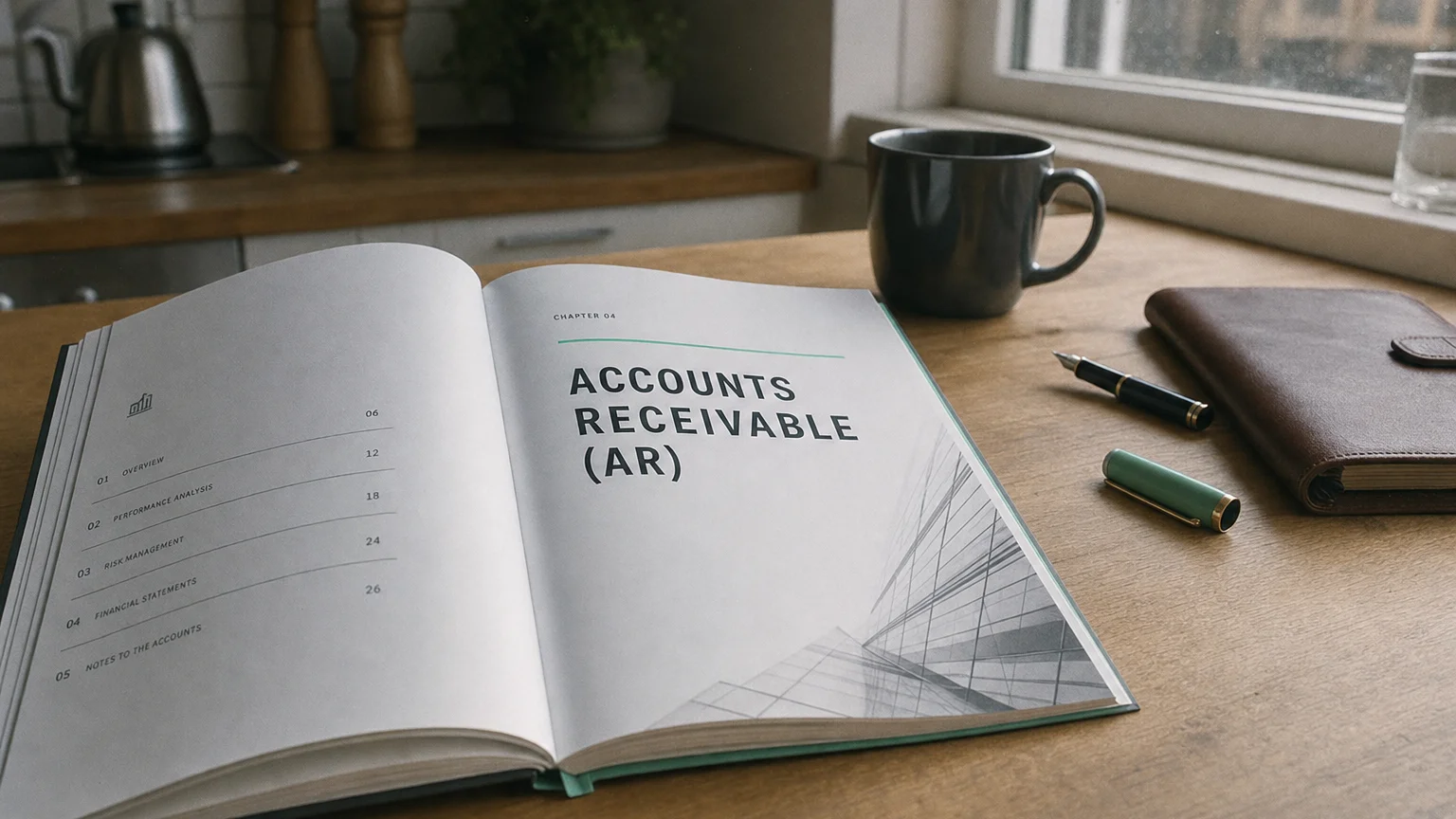Corporate ledger or annual-report booklet open to the accounts receivable (ar) chapter on a wooden desk.