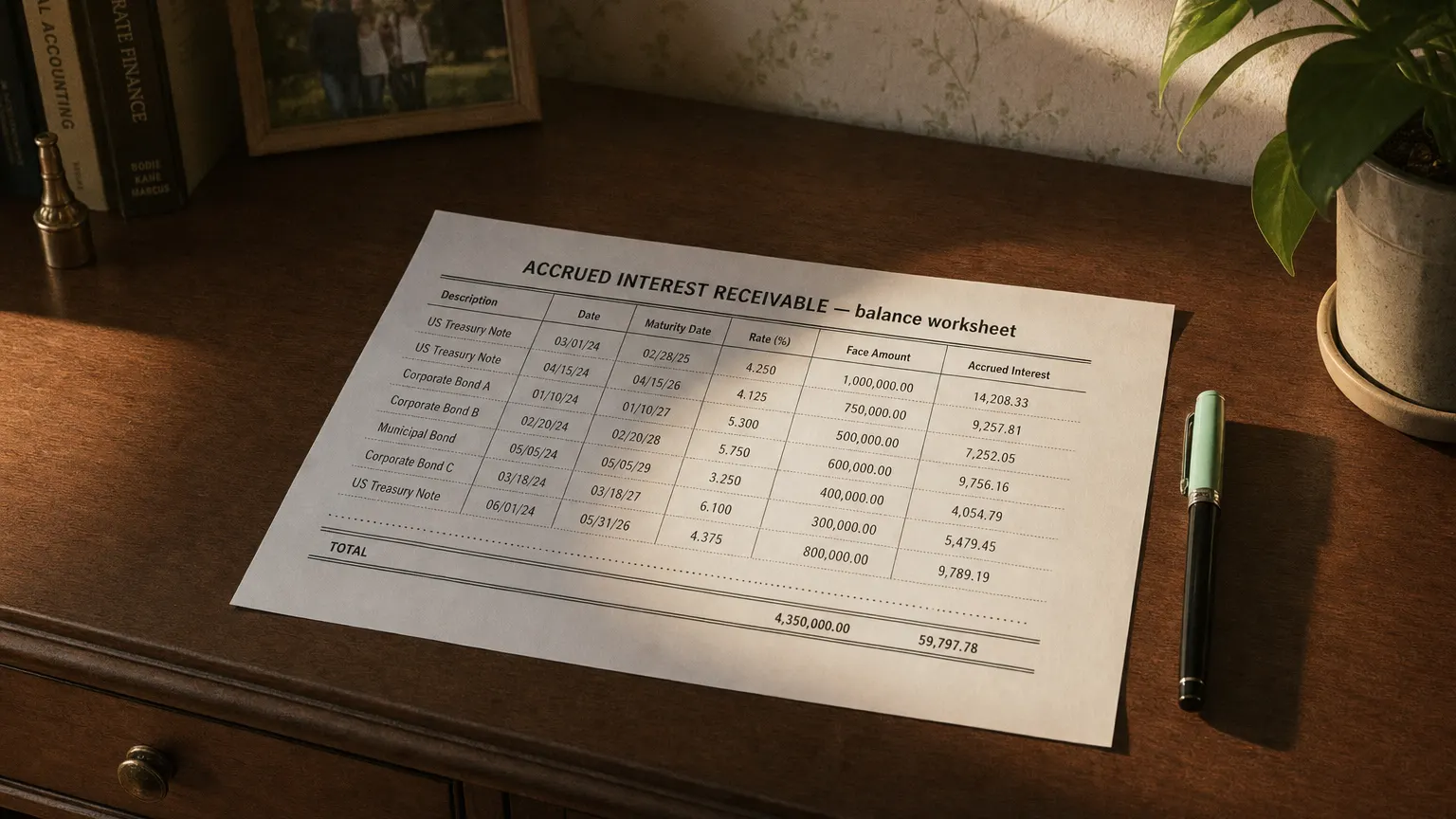 Accounting worksheet showing accrued interest receivable line items with neat column totals and a fountain pen.