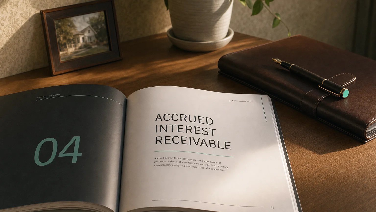 Corporate ledger or annual-report booklet open to the accrued interest receivable chapter on a wooden desk.