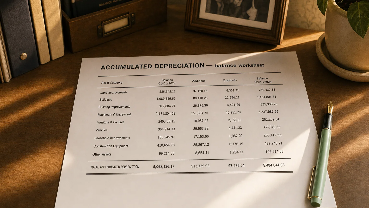 Accounting worksheet showing accumulated depreciation line items with neat column totals and a fountain pen.