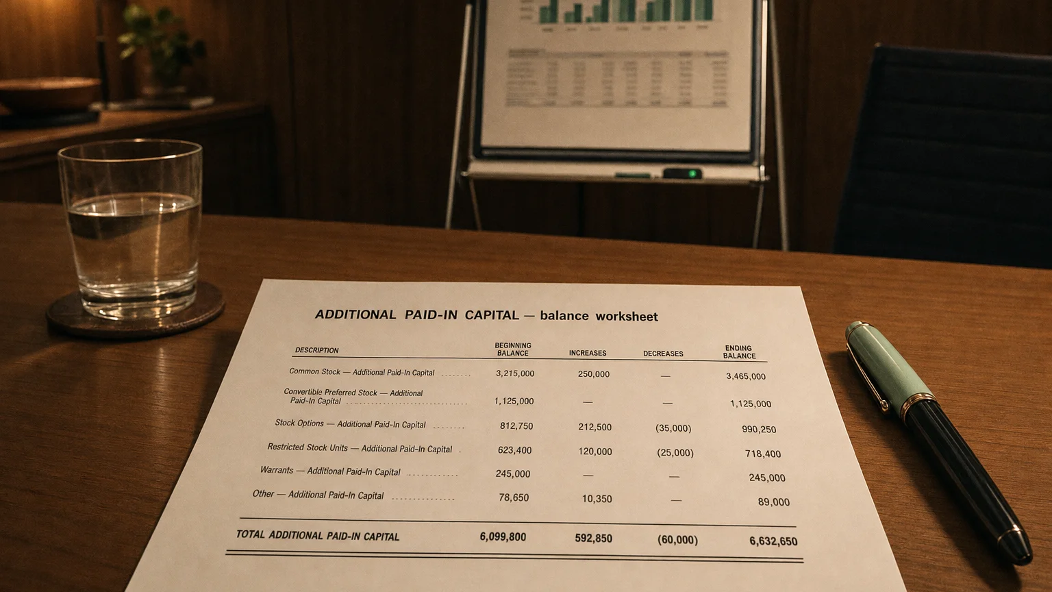 Accounting worksheet showing additional paid-in capital line items with neat column totals and a fountain pen.