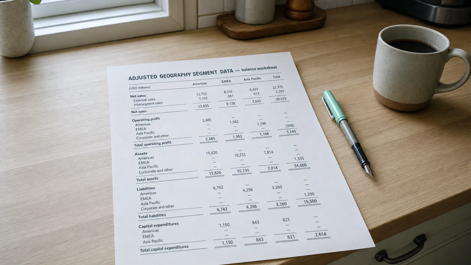 Accounting worksheet showing adjusted geography segment data line items with neat column totals and a fountain pen.