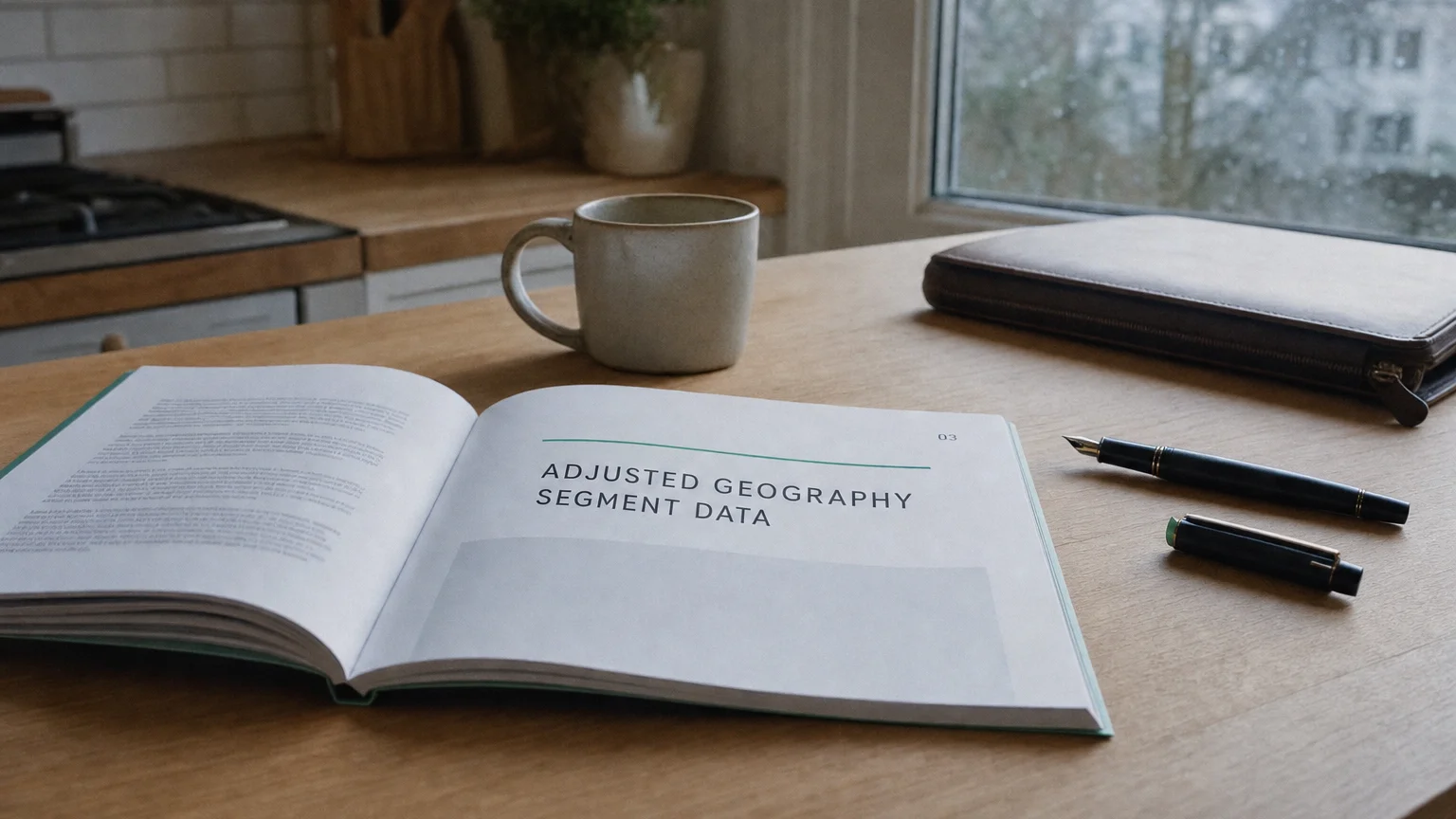 Corporate ledger or annual-report booklet open to the adjusted geography segment data chapter on a wooden desk.