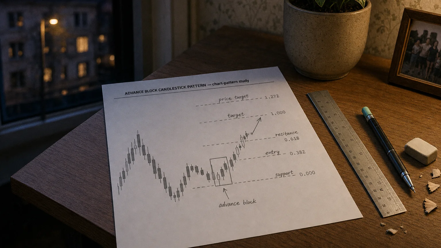 Printed candlestick chart annotated with hand-drawn advance block candlestick pattern pattern markers on an analyst desk.