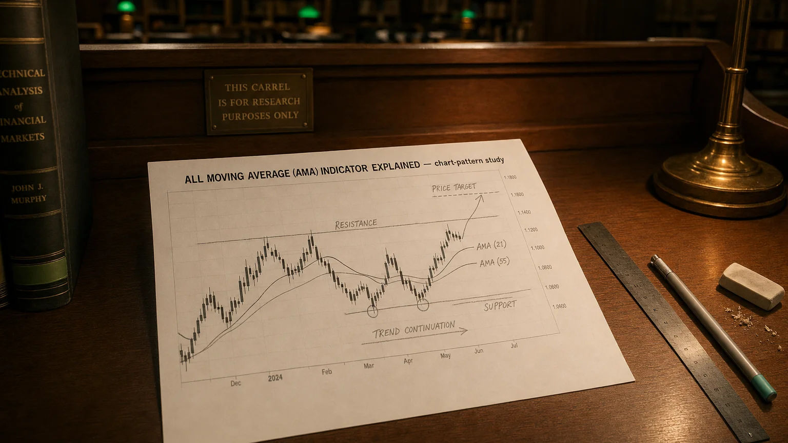Printed candlestick chart annotated with hand-drawn all moving average (ama) indicator pattern markers on an analyst desk.