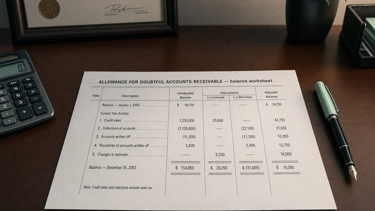 Accounting worksheet showing allowance for doubtful accounts receivable line items with neat column totals and a fountain pen.