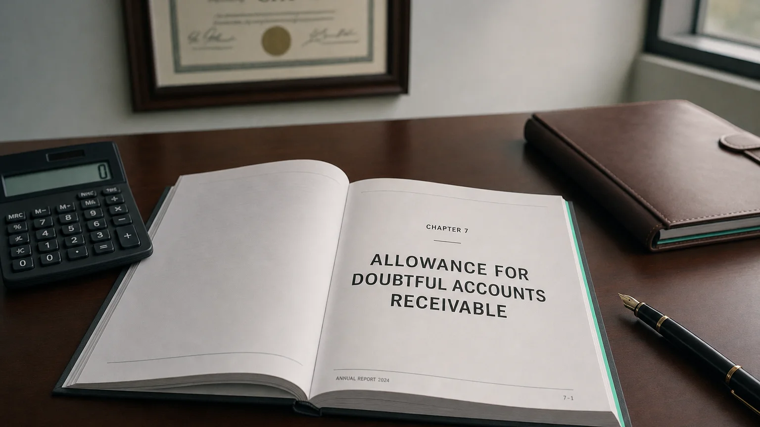 Corporate ledger or annual-report booklet open to the allowance for doubtful accounts receivable chapter on a wooden desk.