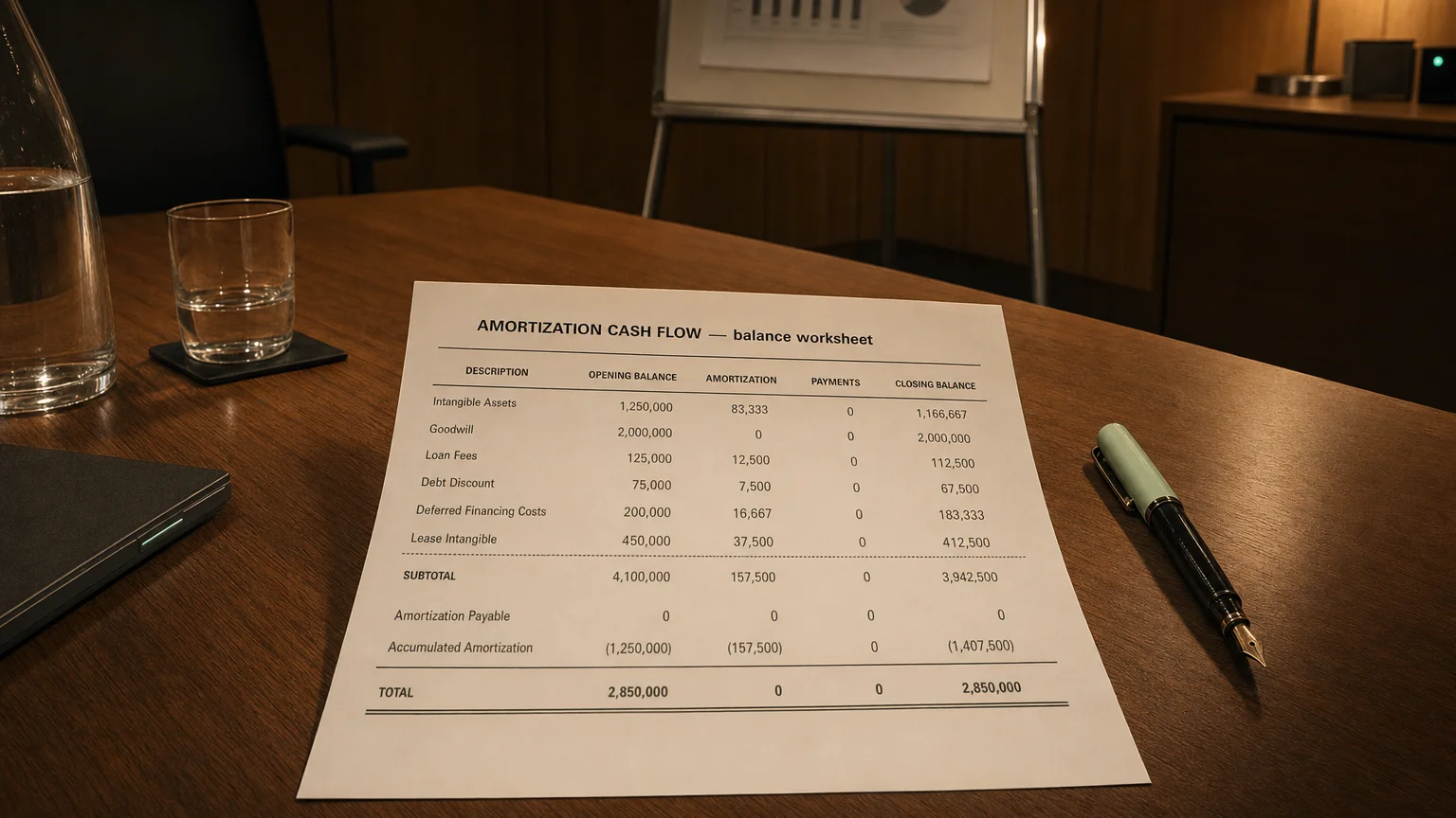 Accounting worksheet showing amortization cash flow line items with neat column totals and a fountain pen.