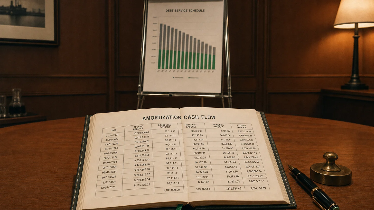 Corporate ledger or annual-report booklet open to the amortization cash flow chapter on a wooden desk.