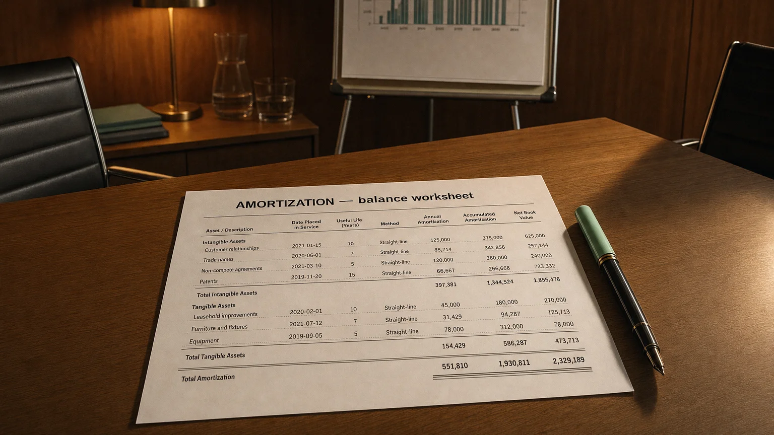 Accounting worksheet showing amortization line items with neat column totals and a fountain pen.