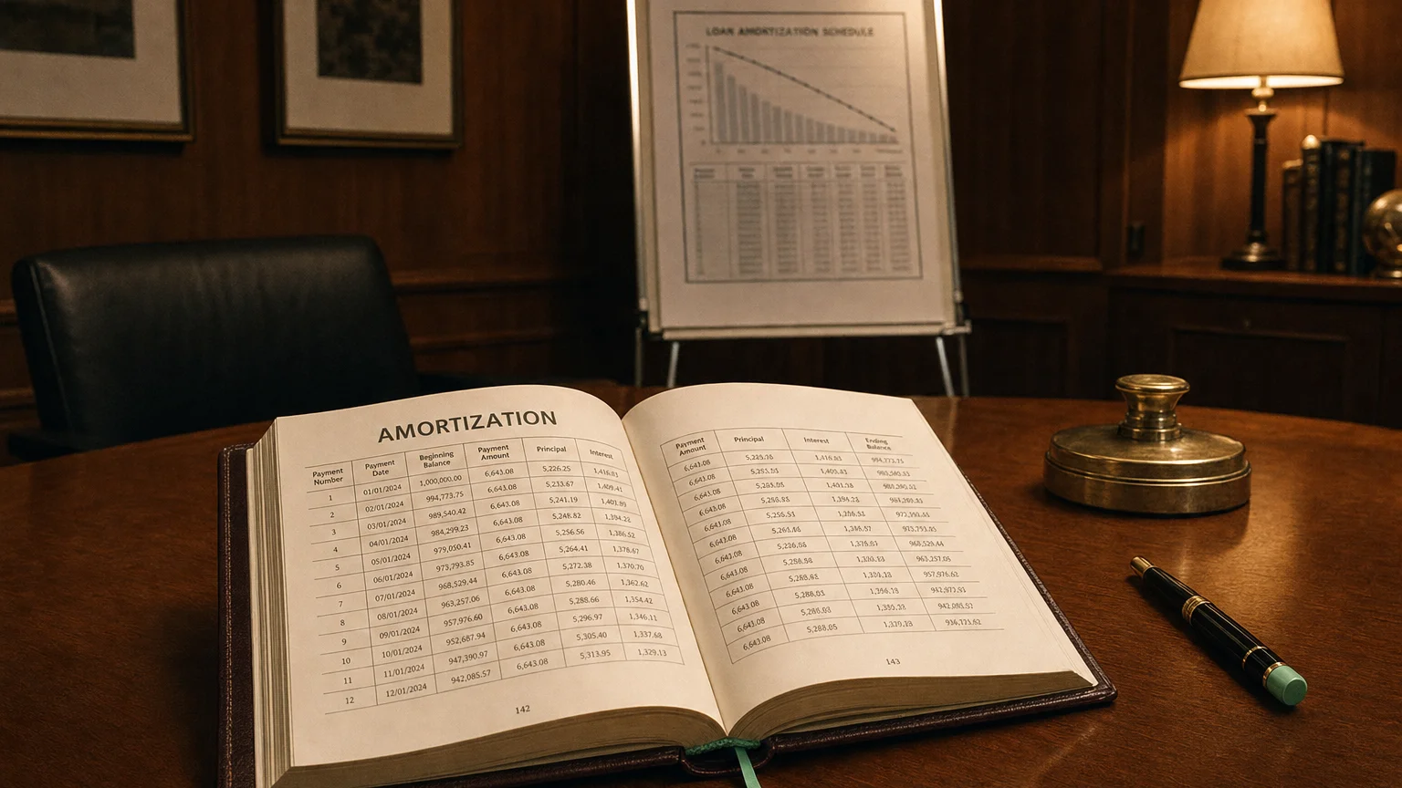 Corporate ledger or annual-report booklet open to the amortization chapter on a wooden desk.