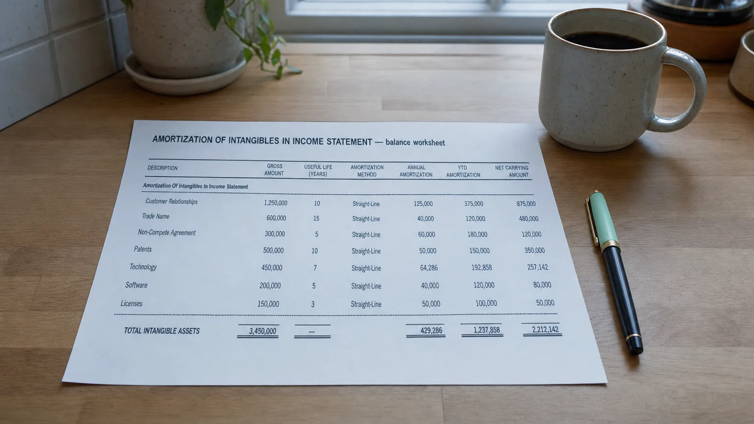 Accounting worksheet showing amortization of intangibles in income statement line items with neat column totals and a fountain pen.