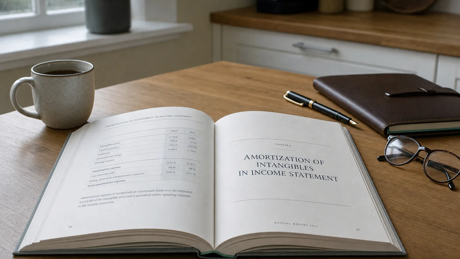 Corporate ledger or annual-report booklet open to the amortization of intangibles in income statement chapter on a wooden desk.