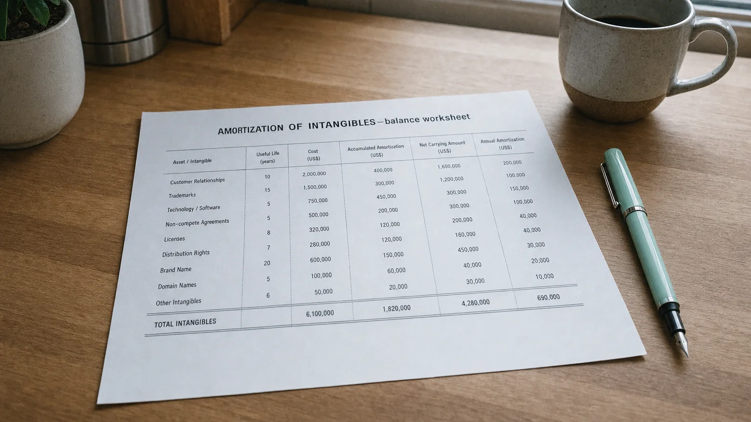 Accounting worksheet showing amortization of intangibles line items with neat column totals and a fountain pen.