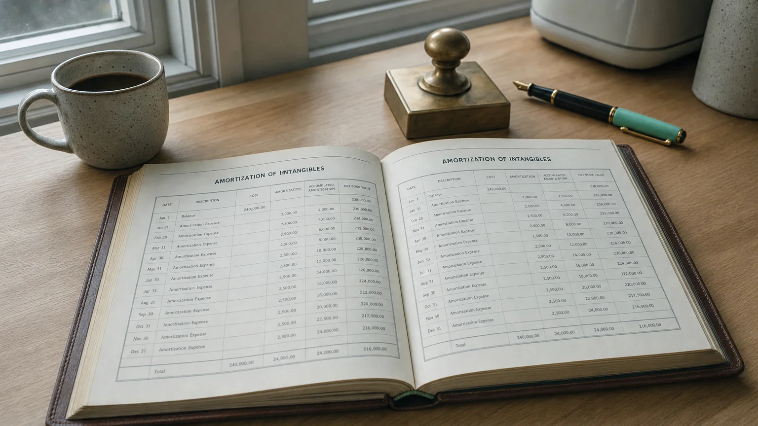 Corporate ledger or annual-report booklet open to the amortization of intangibles chapter on a wooden desk.
