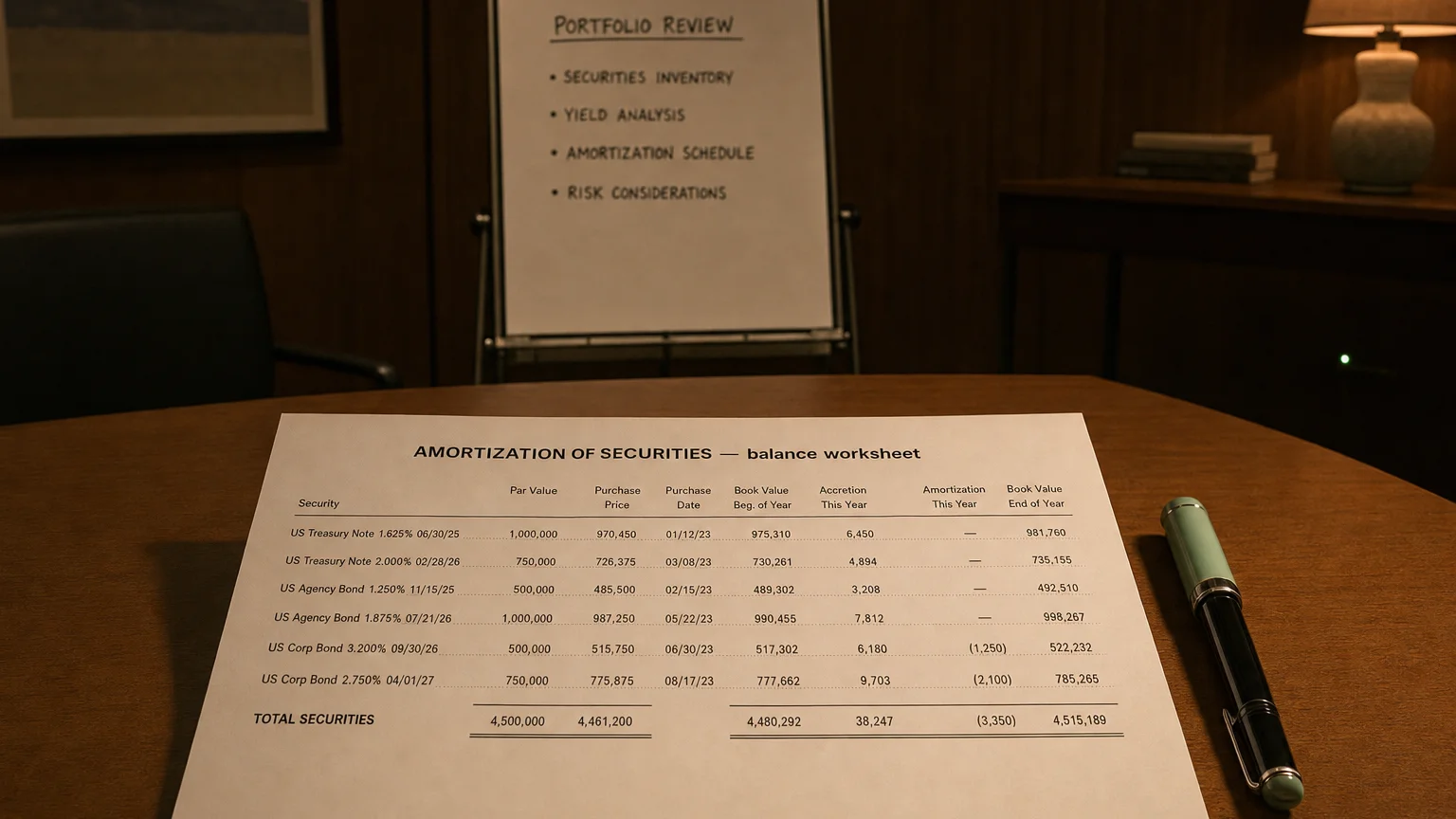 Accounting worksheet showing amortization of securities line items with neat column totals and a fountain pen.