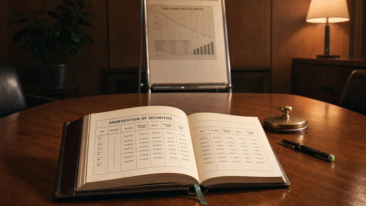 Corporate ledger or annual-report booklet open to the amortization of securities chapter on a wooden desk.