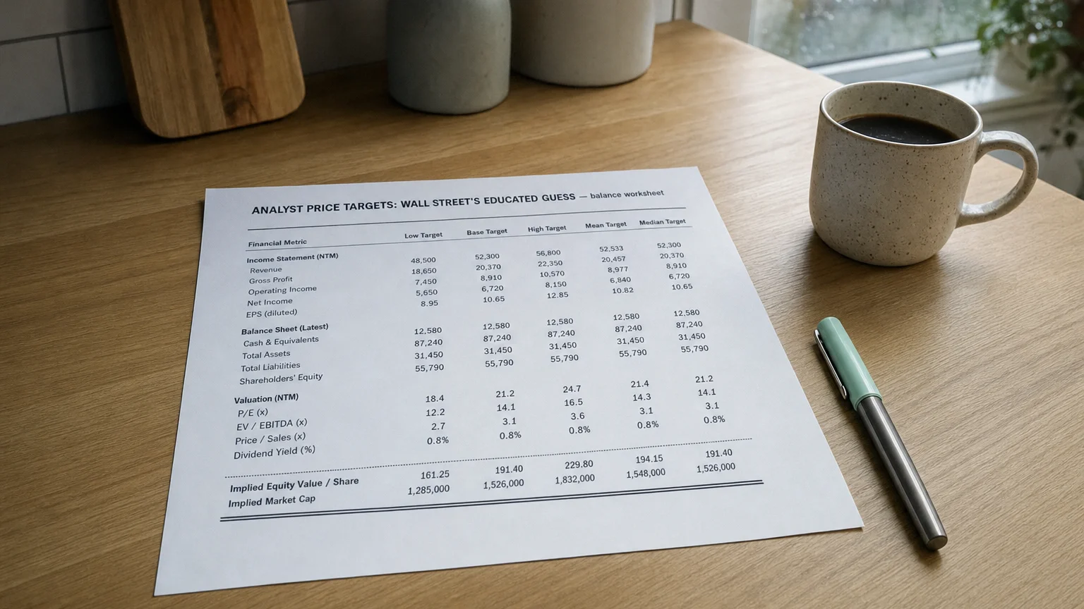 Accounting worksheet showing analyst price targets: wall street's educated guess line items with neat column totals and a fountain pen.