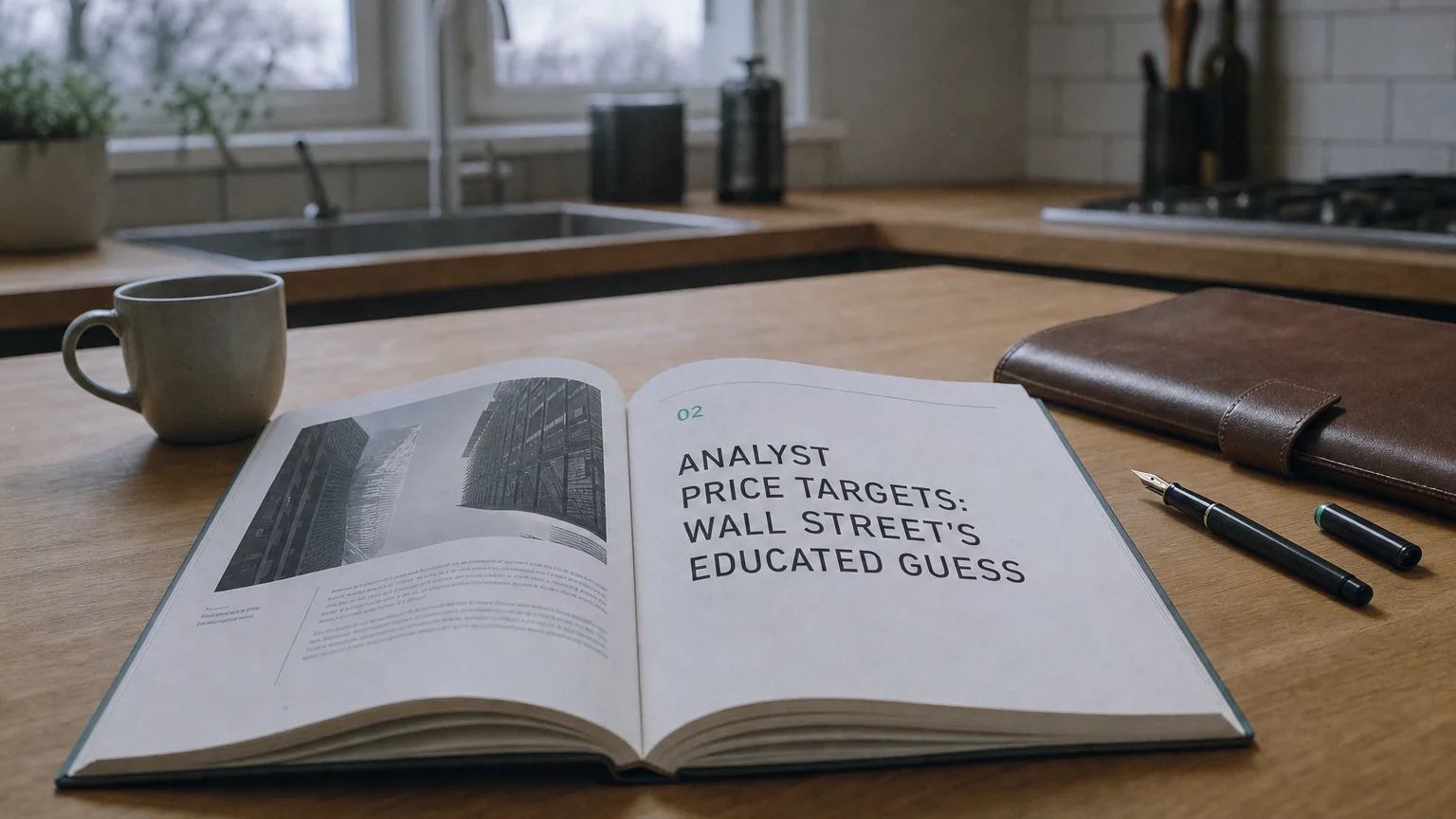 Corporate ledger or annual-report booklet open to the analyst price targets: wall street's educated guess chapter on a wooden desk.