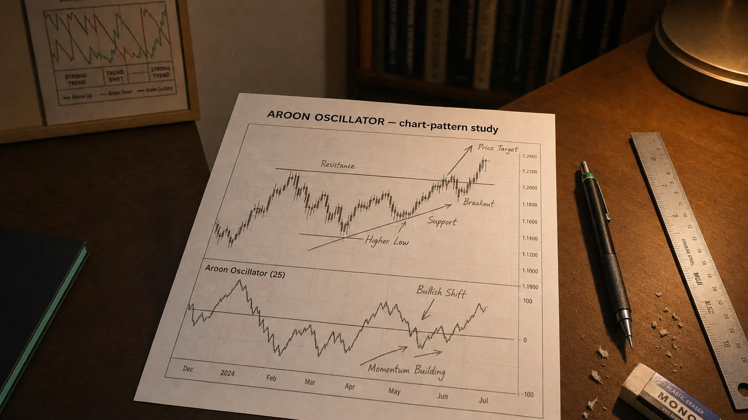 Printed candlestick chart annotated with hand-drawn aroon oscillator pattern markers on an analyst desk.