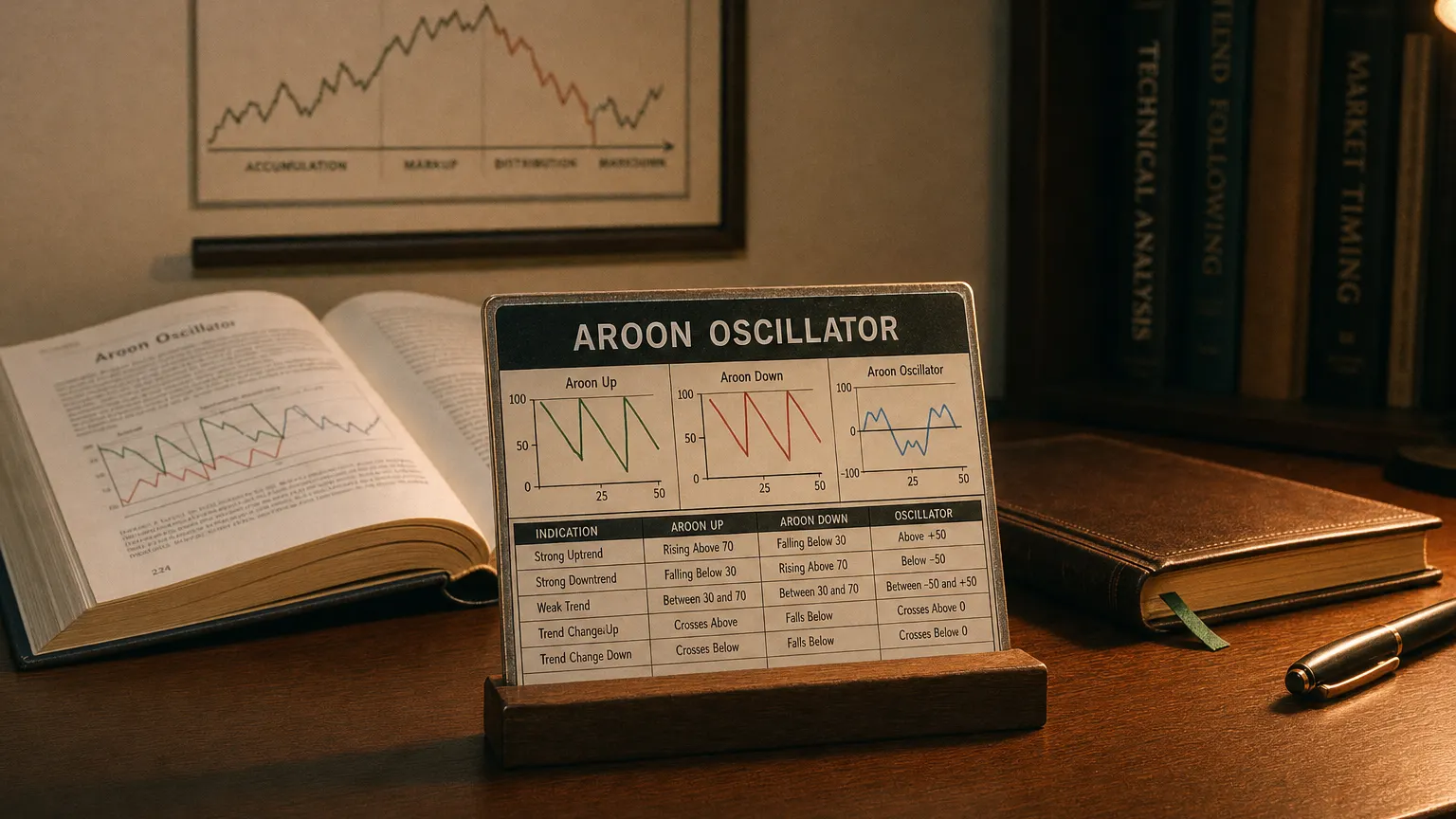 Trading-desk artifact representing aroon oscillator — textbook page and bull-or-bear desk sculpture.