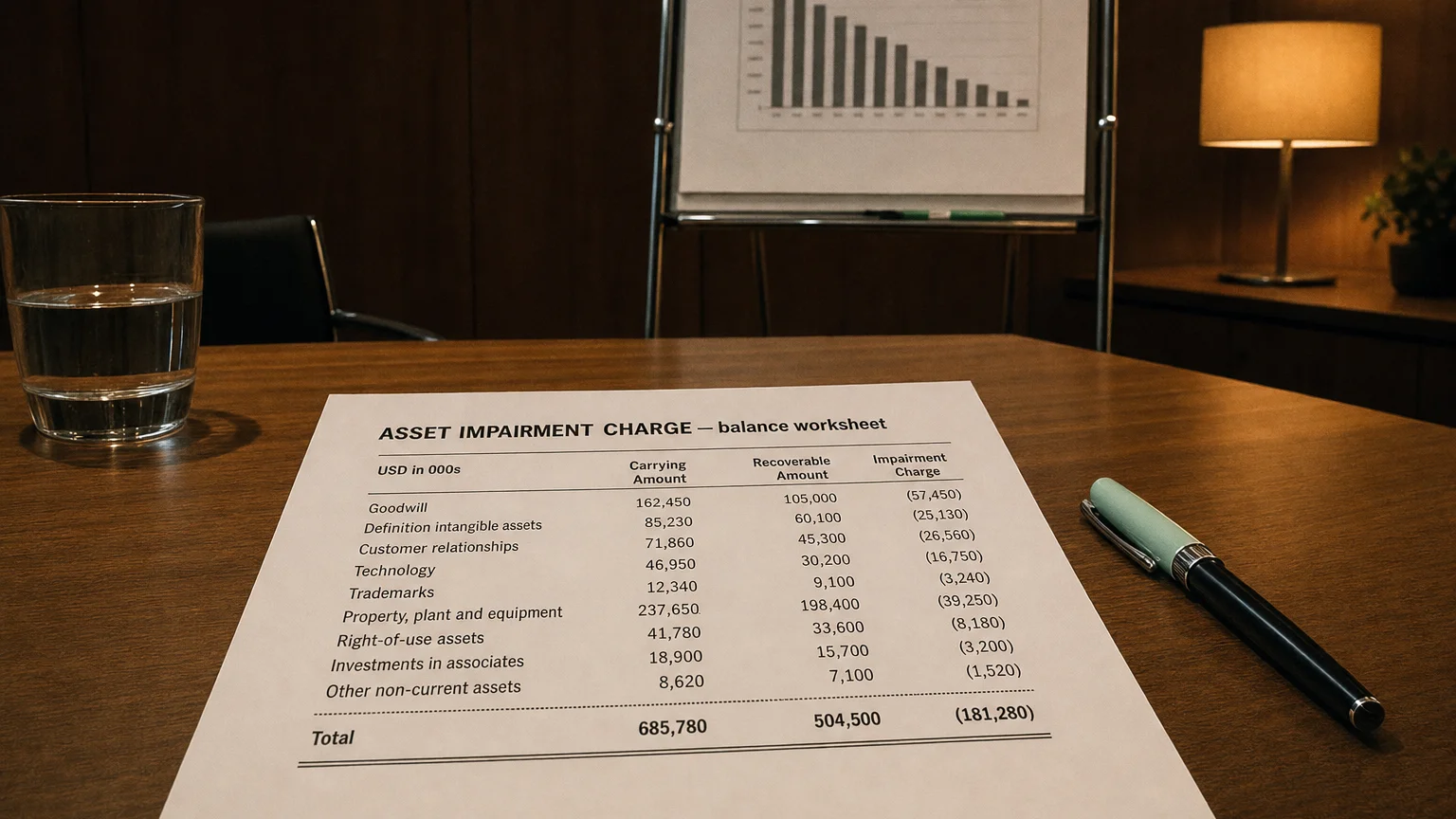Accounting worksheet showing asset impairment charge line items with neat column totals and a fountain pen.