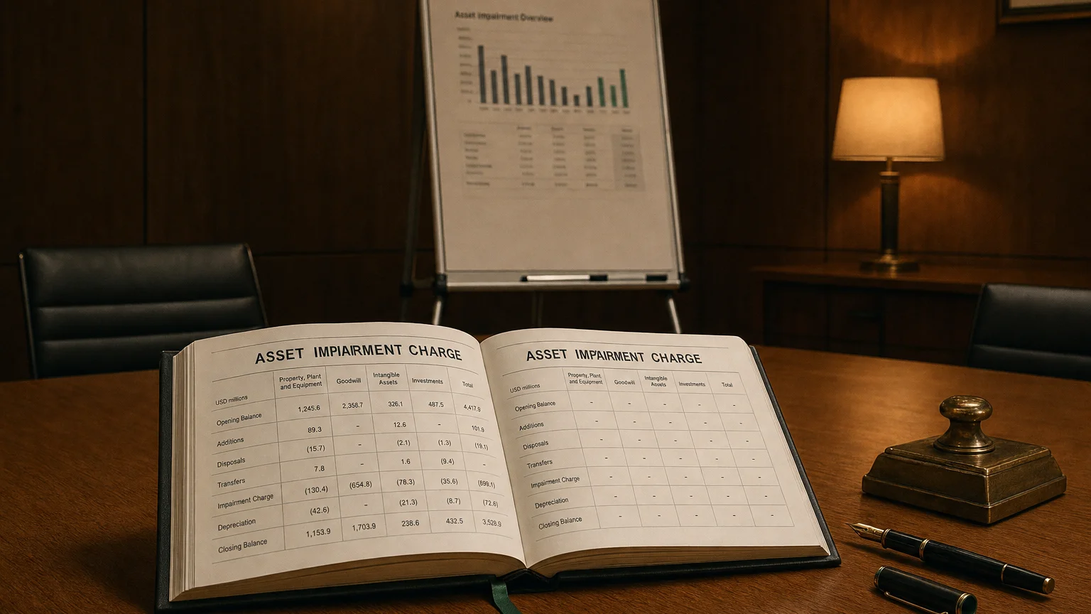 Corporate ledger or annual-report booklet open to the asset impairment charge chapter on a wooden desk.