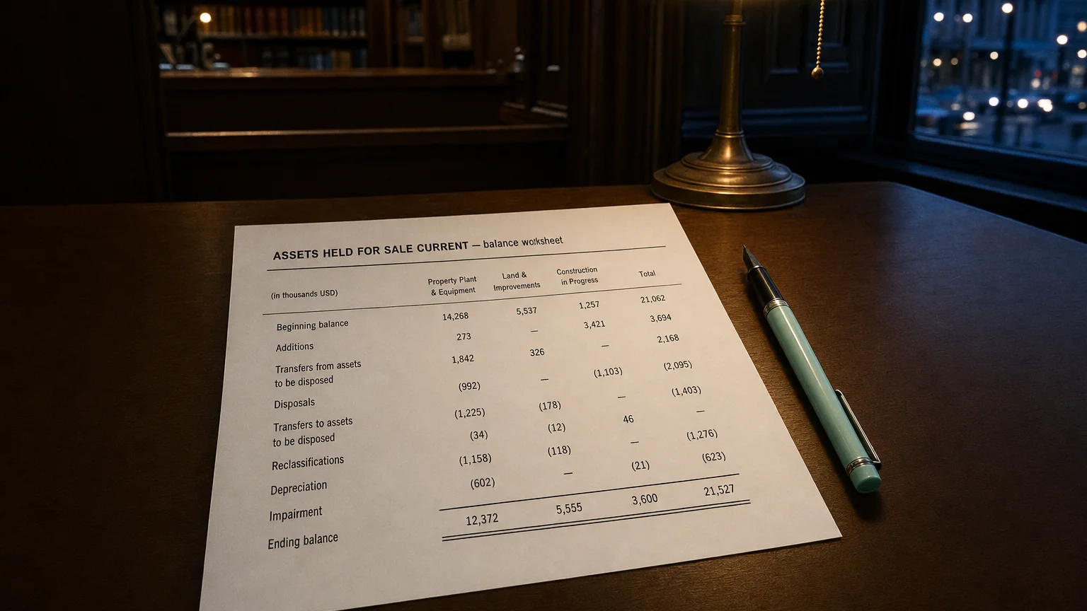 Accounting worksheet showing assets held for sale current line items with neat column totals and a fountain pen.