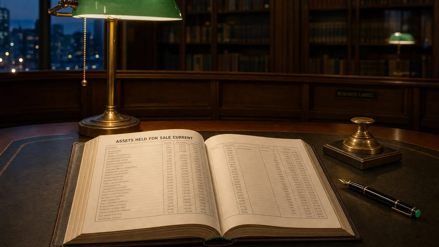 Corporate ledger or annual-report booklet open to the assets held for sale current chapter on a wooden desk.