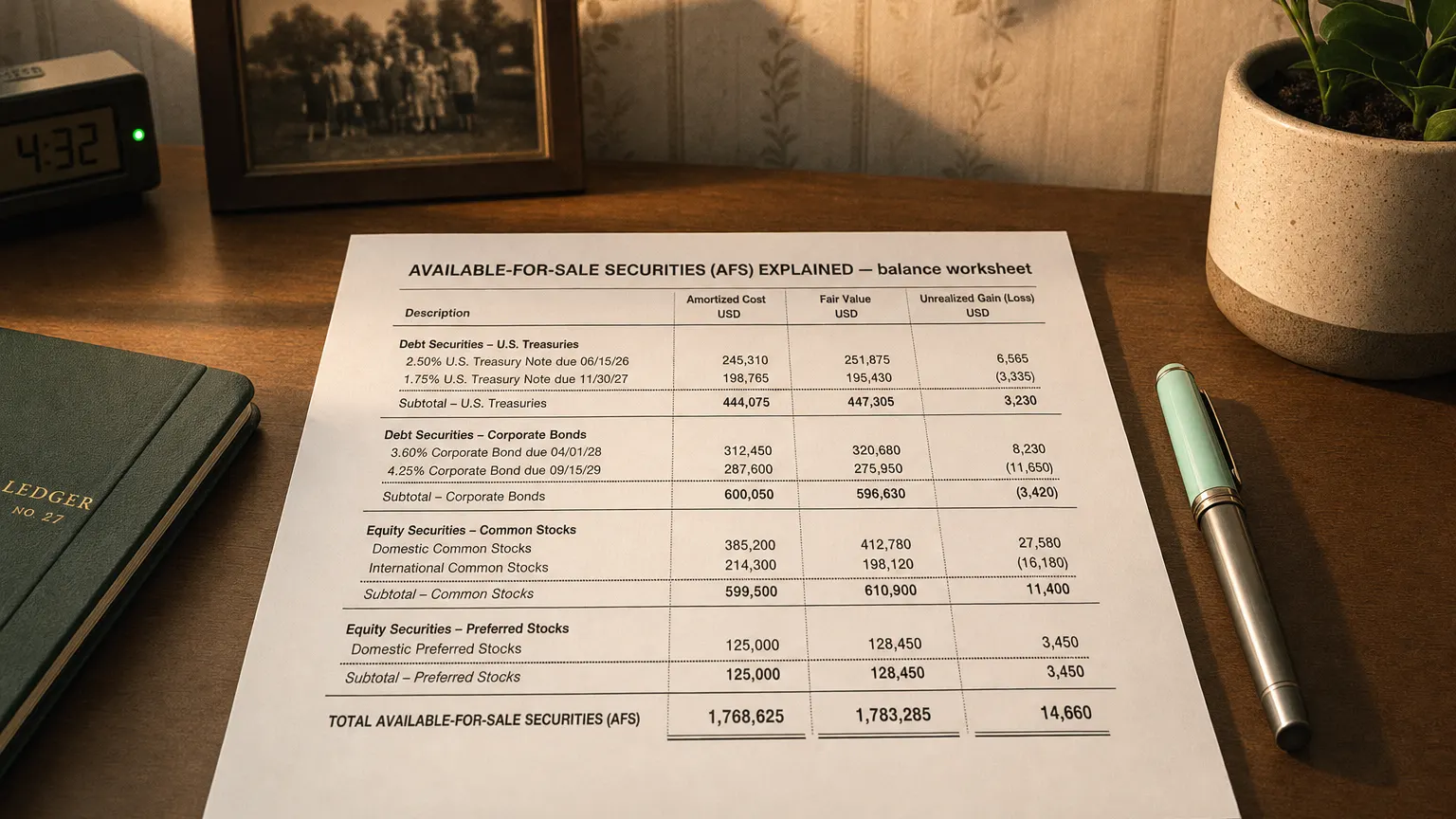 Accounting worksheet showing available-for-sale (afs) securities line items with neat column totals and a fountain pen.