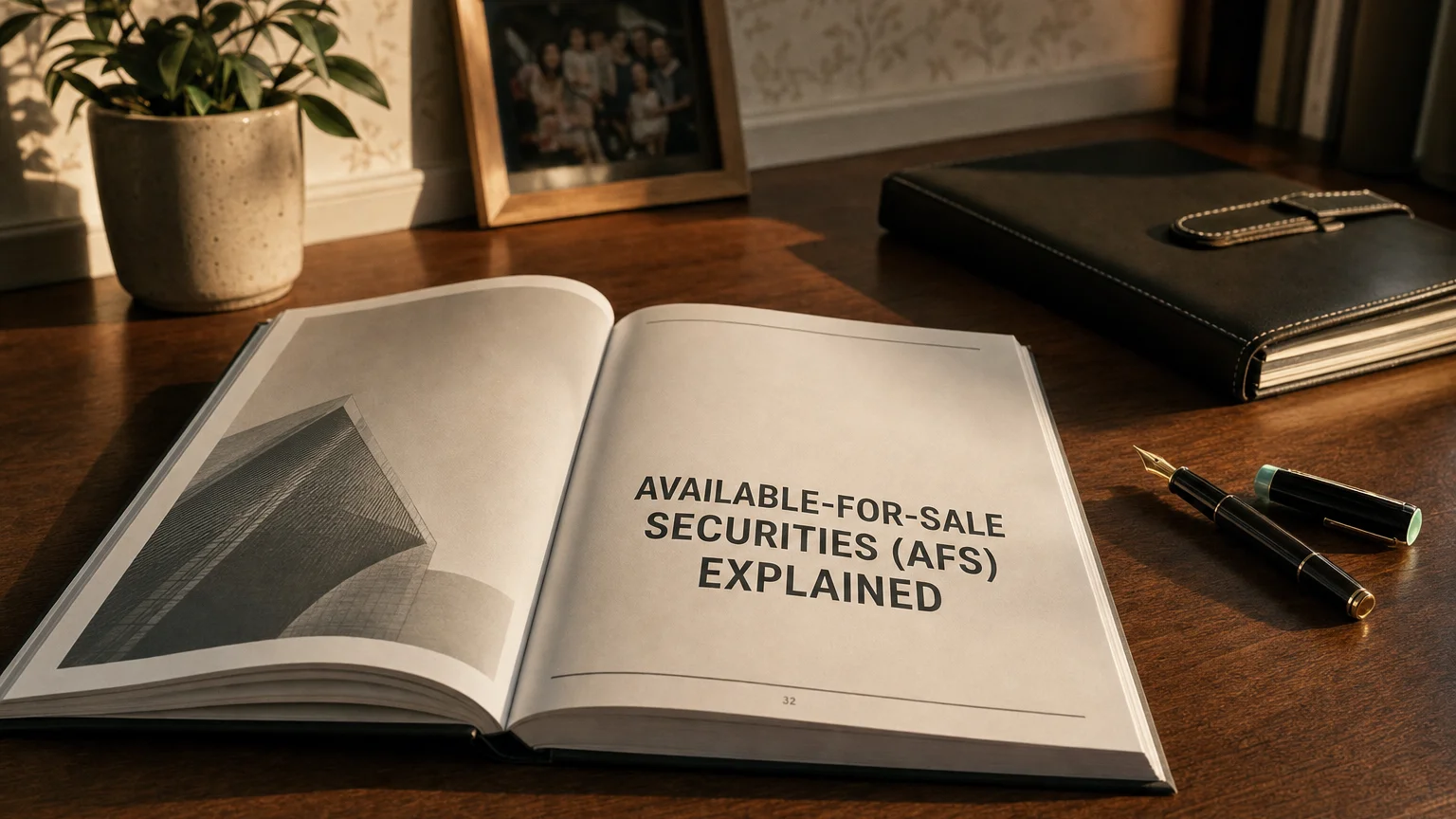 Corporate ledger or annual-report booklet open to the available-for-sale (afs) securities chapter on a wooden desk.