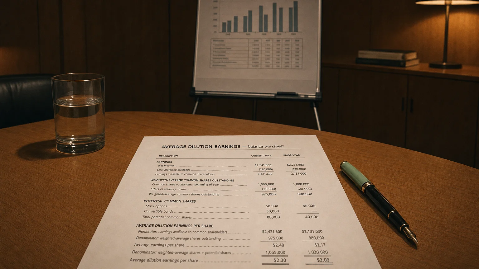 Accounting worksheet showing average dilution earnings line items with neat column totals and a fountain pen.