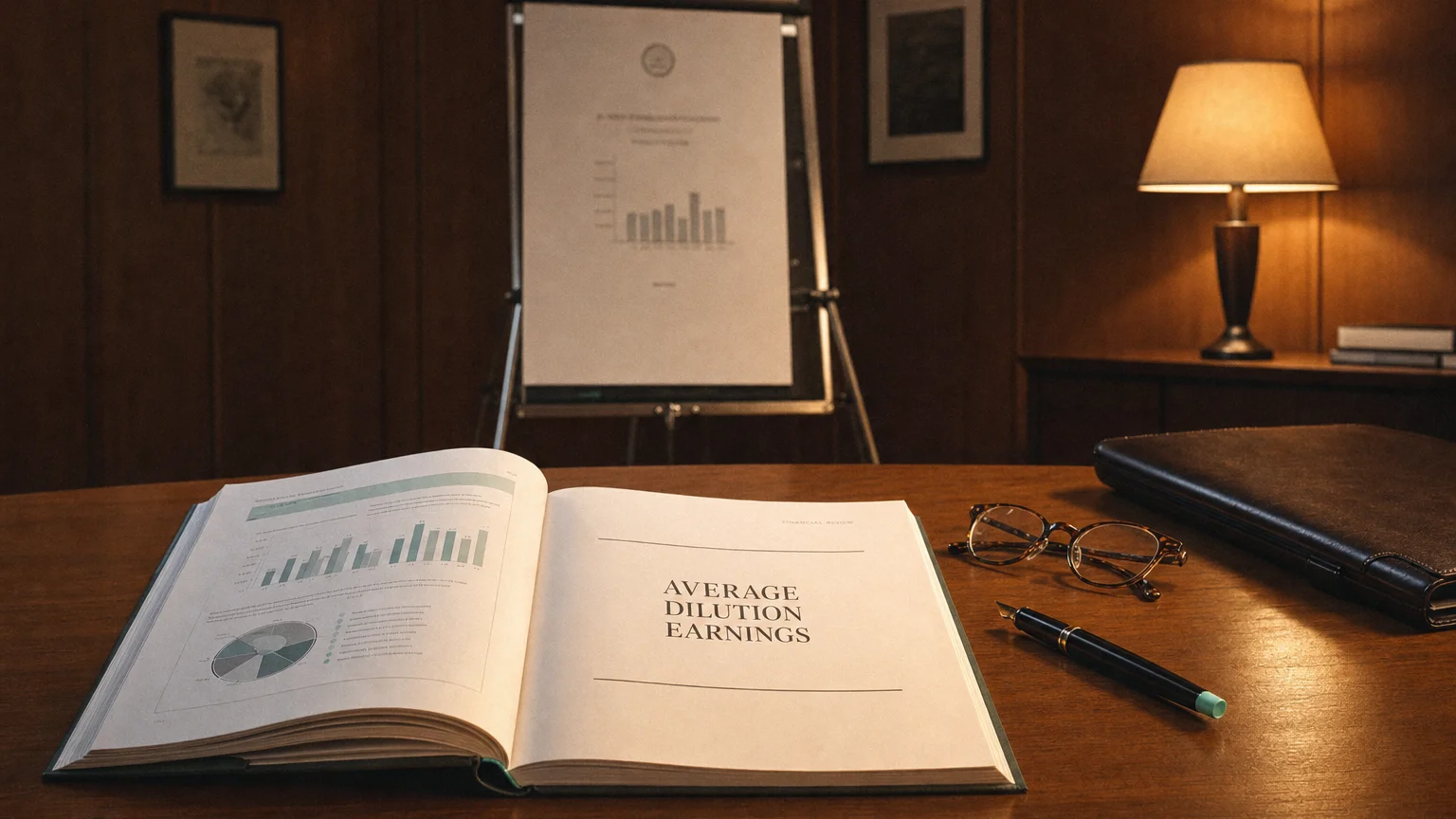 Corporate ledger or annual-report booklet open to the average dilution earnings chapter on a wooden desk.