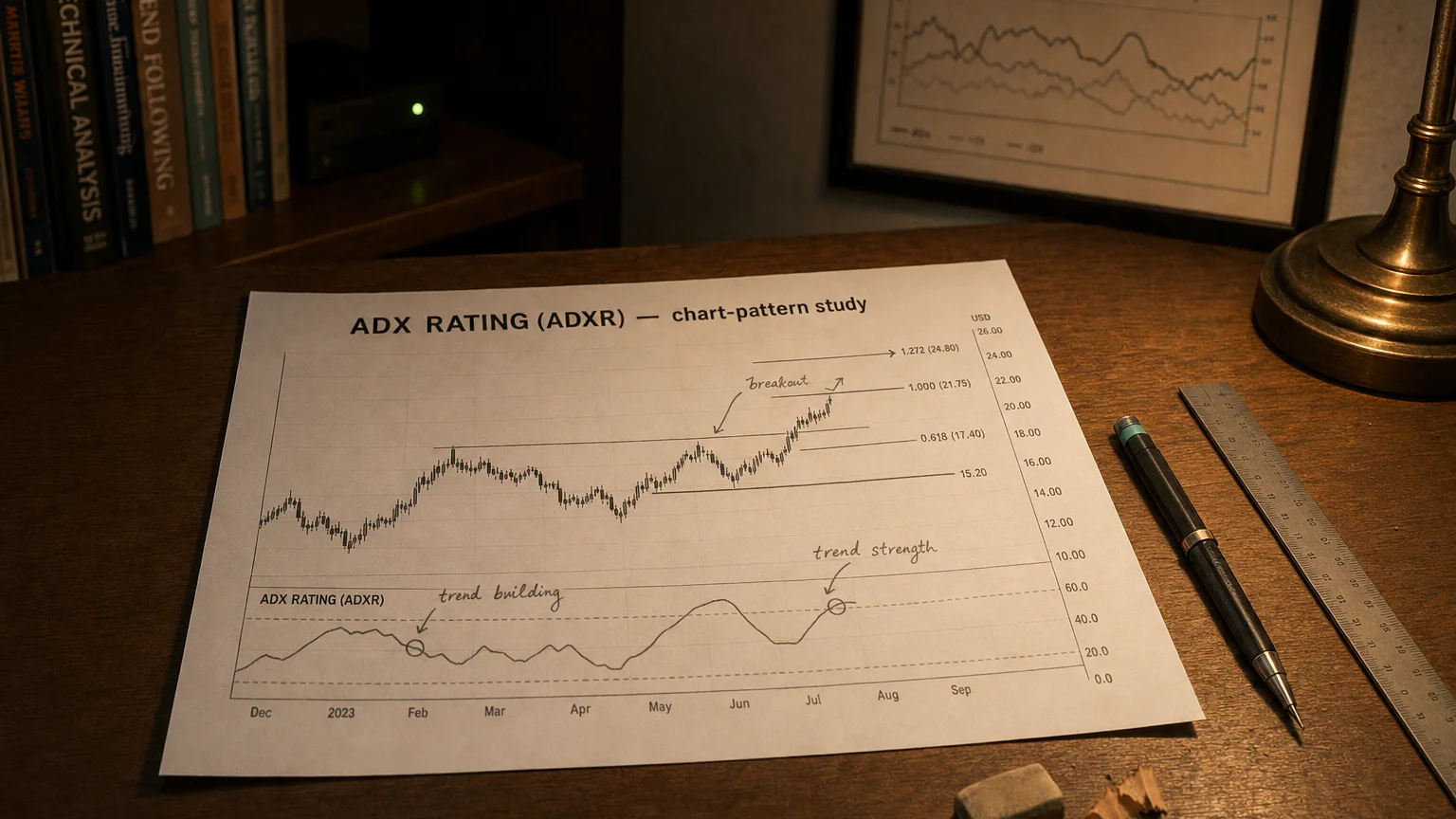 Printed candlestick chart annotated with hand-drawn average directional movement index rating (adx rating) pattern markers on an analyst desk.