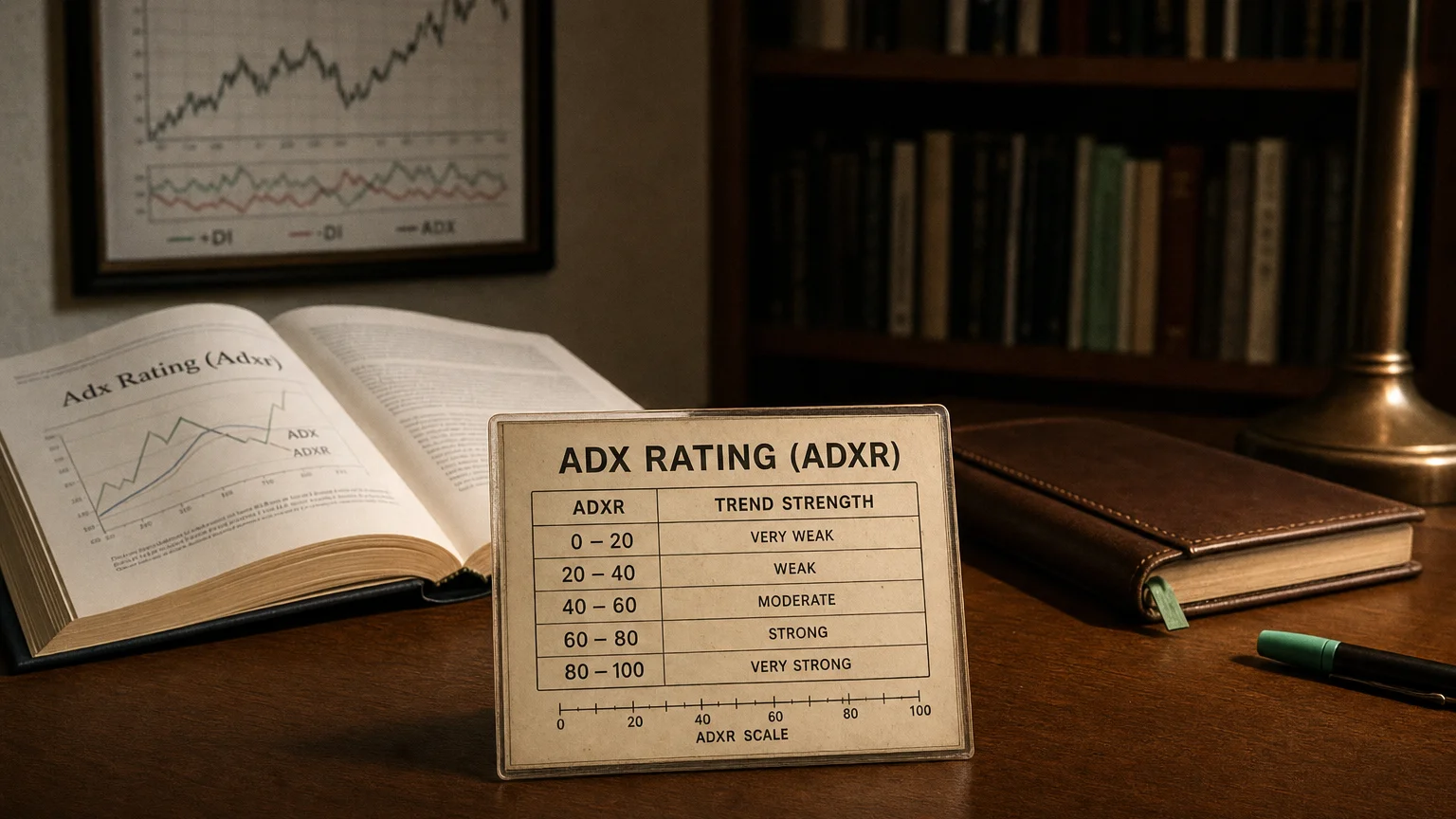 Trading-desk artifact representing average directional movement index rating (adx rating) — textbook page and bull-or-bear desk sculpture.