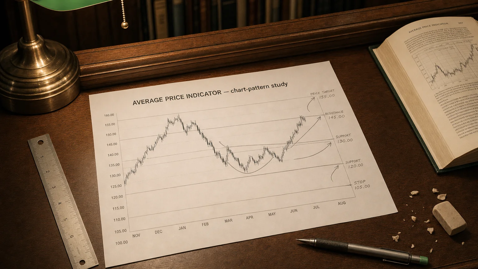 Printed candlestick chart annotated with hand-drawn average price indicator pattern markers on an analyst desk.