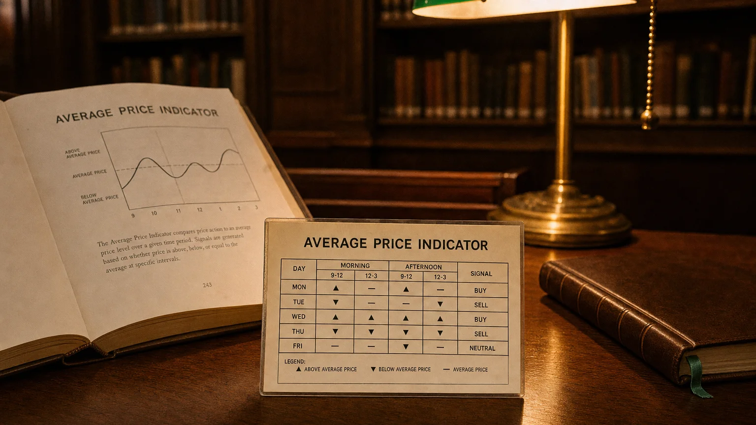 Trading-desk artifact representing average price indicator — textbook page and bull-or-bear desk sculpture.