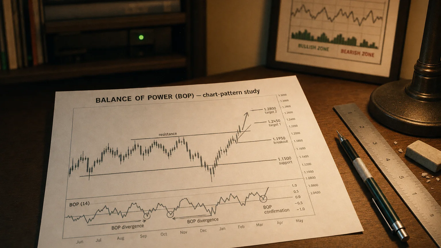 Printed candlestick chart annotated with hand-drawn balance of power (bop) pattern markers on an analyst desk.