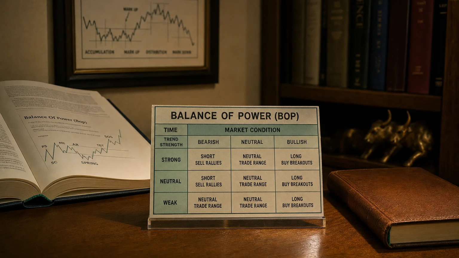 Trading-desk artifact representing balance of power (bop) — textbook page and bull-or-bear desk sculpture.