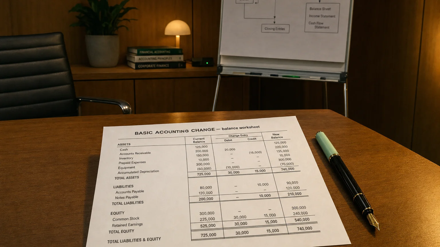 Accounting worksheet showing basic accounting change line items with neat column totals and a fountain pen.