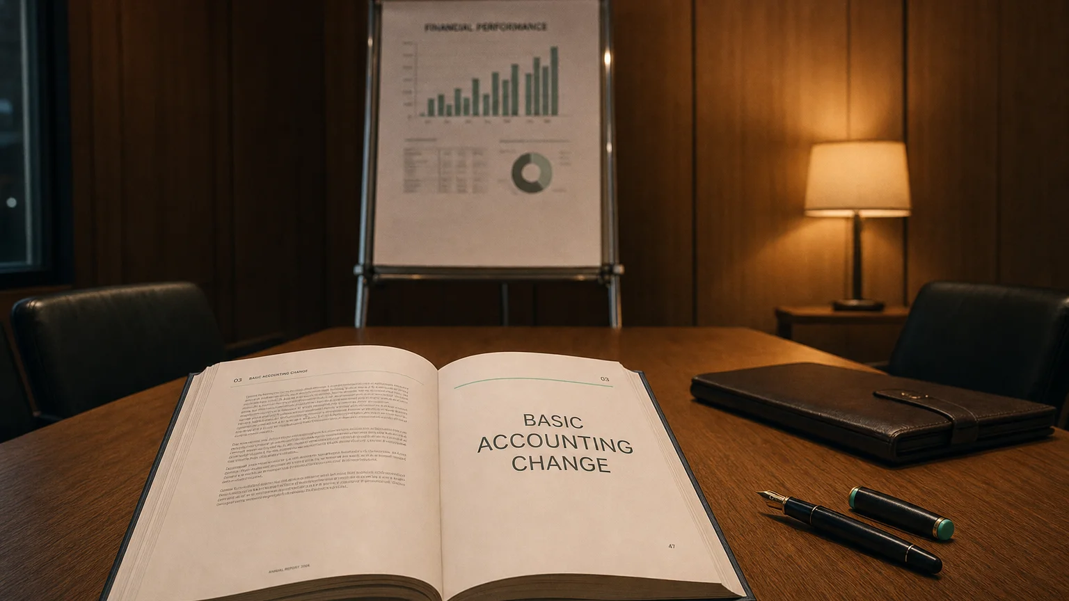 Corporate ledger or annual-report booklet open to the basic accounting change chapter on a wooden desk.