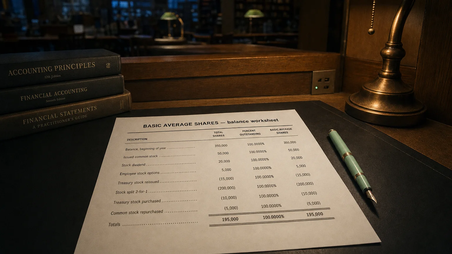 Accounting worksheet showing basic average shares line items with neat column totals and a fountain pen.