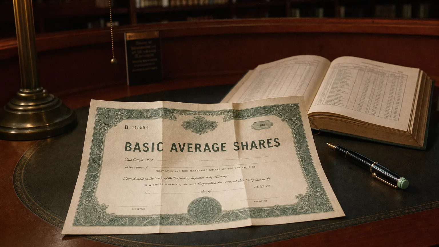 Corporate ledger or annual-report booklet open to the basic average shares chapter on a wooden desk.
